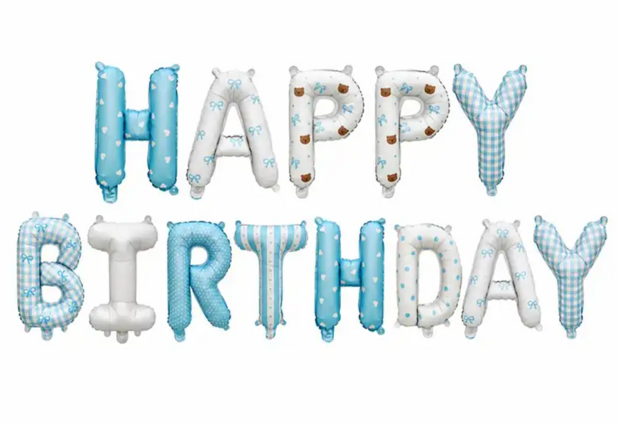 Фольгований напис "Happy Birthday" біло-блакитний з принтом pv_13879 фото