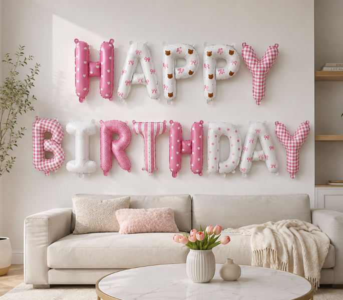 Фольгований напис "Happy Birthday" біло-рожевий з принтом pv_13880 фото