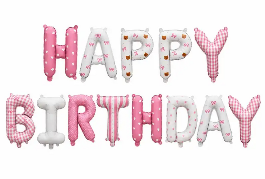 Фольгований напис "Happy Birthday" біло-рожевий з принтом pv_13880 фото