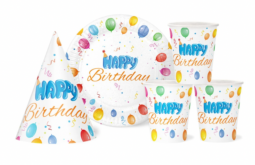 Набір посуду з ковпачками на 10 осіб "Happy Birthday" кульки на білому pv_5639 фото