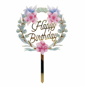 Топер у тортик Happy Birthday квіти pv_5692 фото
