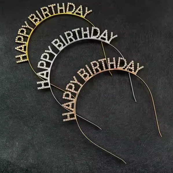 Обруч на голову "Happy Birthday", металевий із камінням , золото pv_7381 фото
